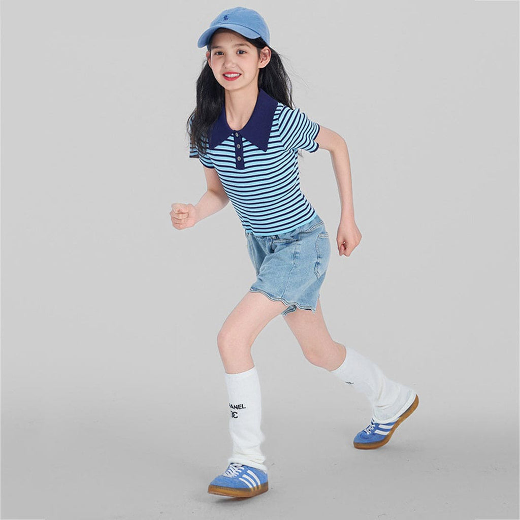 Girls Elasticated Scalloped Hem Denim Shorts Shorts Blue 6-7 Y 