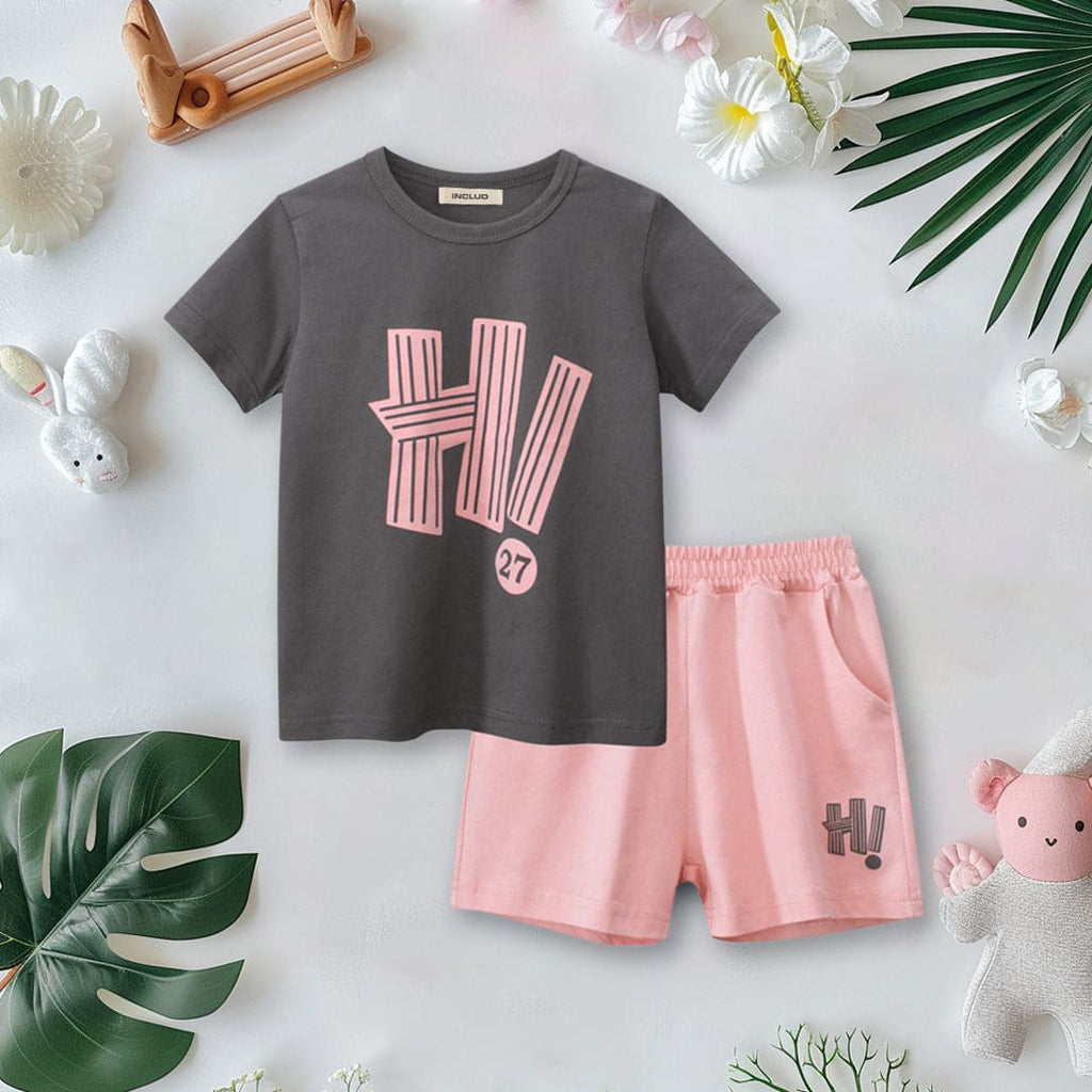 Boys Grey Printed T-Shirt With Shorts Set Sets Gray 1-2 Y 