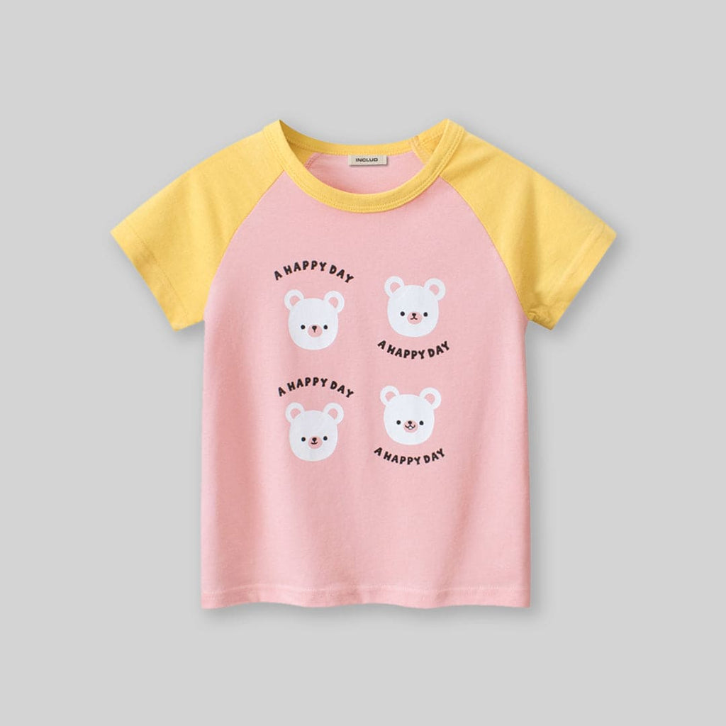 Girls Pink Graphic Print Raglan Sleeves T-Shirt Tshirts Pink 1-2 Y 