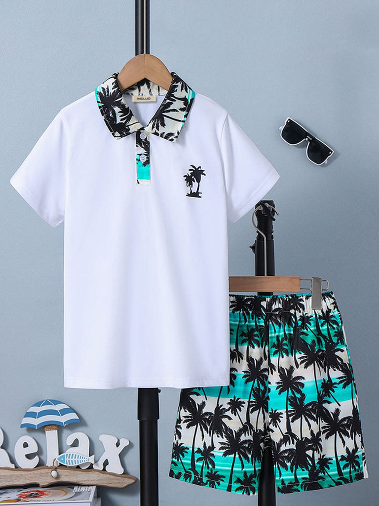 Boys White Tropical Print Short Sleeves T-shirt with Shorts Set Sets White 5-6 Y 