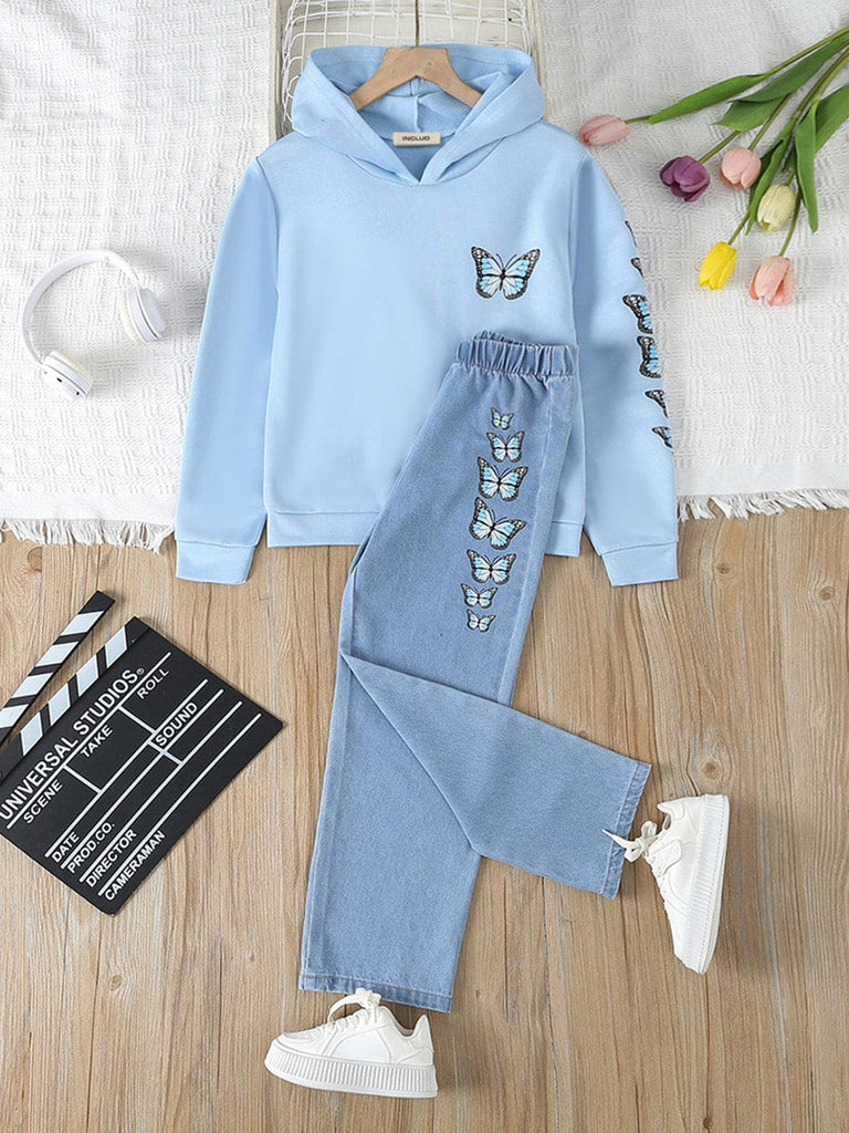Girls Blue Butterfly Print Hooded Sweatshirt with Denim Set Sets Sky Blue 9-10 Y 