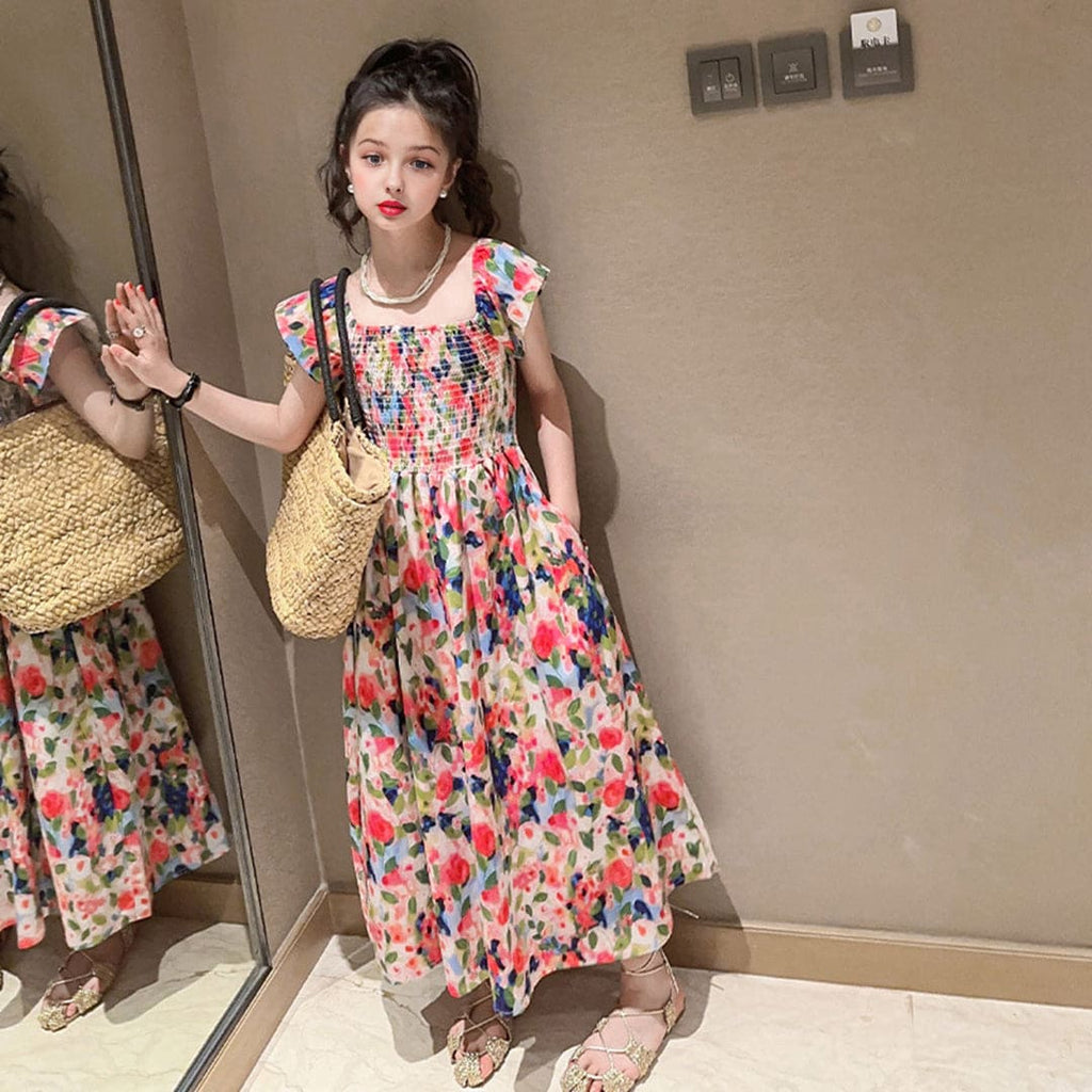 Girls Multicolor Floral Print Smocked Maxi Dress Casual Dresses Multicolor 3-4 Y 