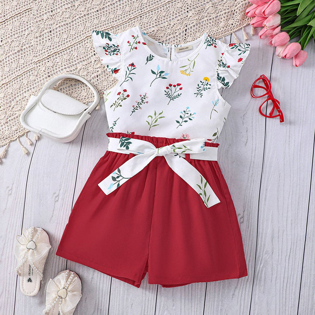 Girls Red Floral Print Top with Shorts Set Sets Red 5-6 Y 