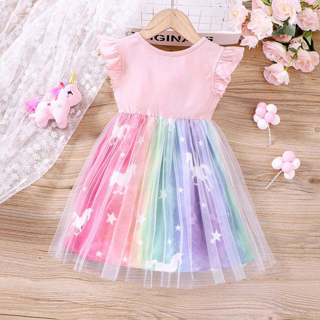 Girls Pink Unicorn Print Flared Sleeves Fit & Flare Dress Casual Dresses Pink 1-2 Y 