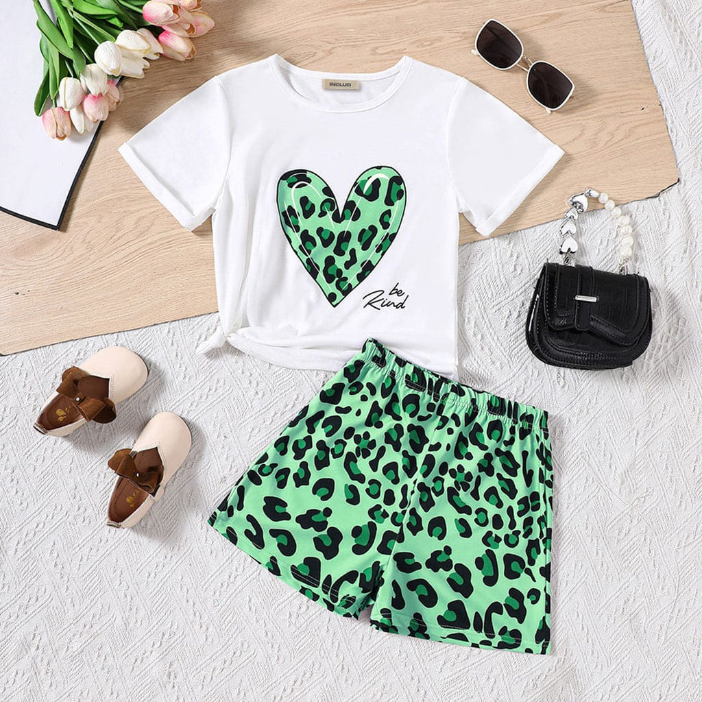 Girls Green Leopard Print Short Sleeves T-Shirt With Shorts Set Sets Green 5-6 Y 