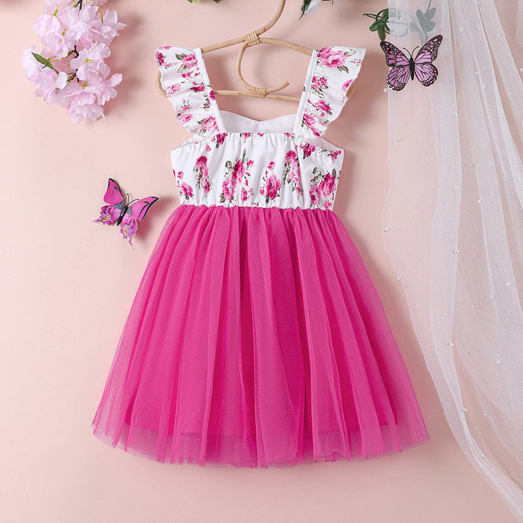 Girls Fuchsia Floral Print Short Sleeves Fit & Flare Dress Casual Dresses Fuchsia 1-2 Y 