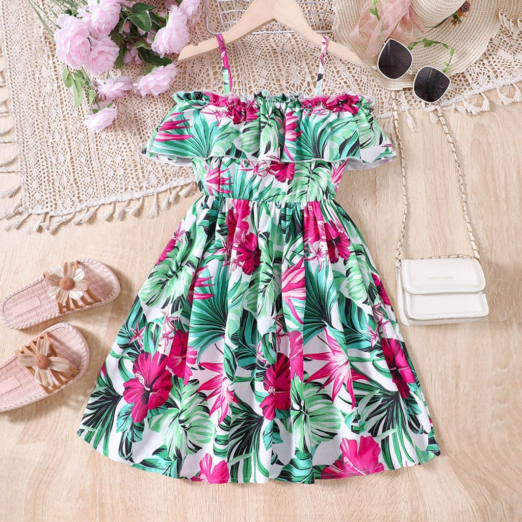 Girls Tropical Print Off Shoulder Fit & Flare Dress Casual Dresses Green 5-6 Y 