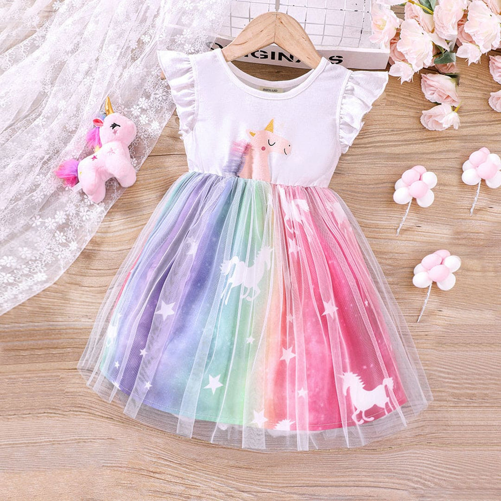 Girls White Unicorn Print Flared Sleeves Fit & Flare Dress Casual Dresses White 1-2 Y 