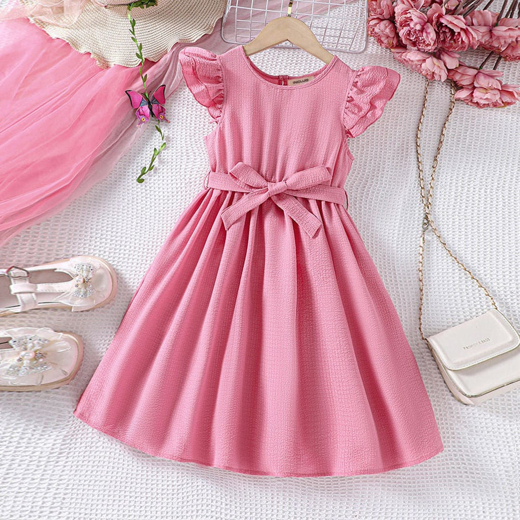 Girls Pink Texture Flared Sleeves Fit & Flare Dress Casual Dresses Pink 5-6 Y 
