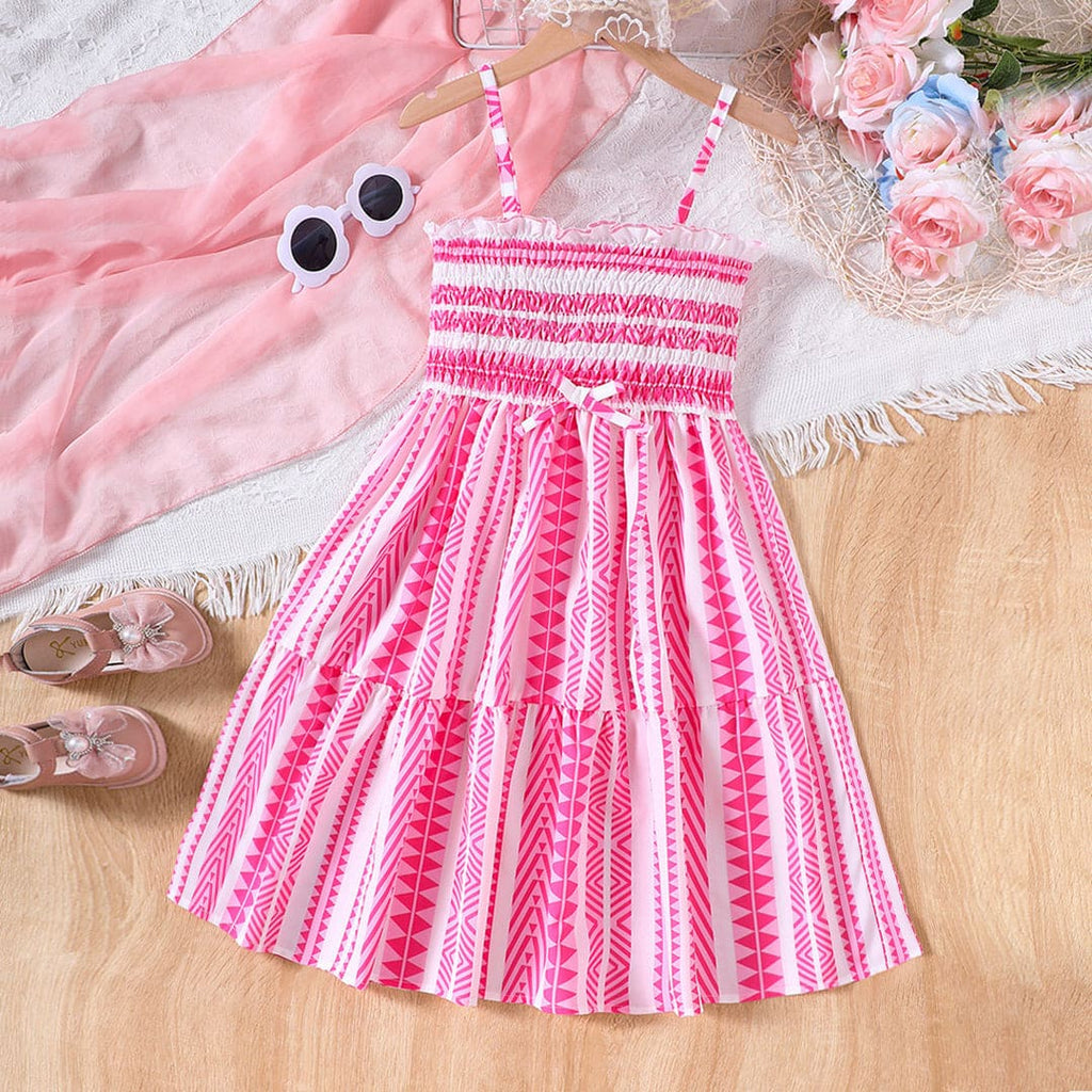 Girls Sleeveless Printed Fit & Flare Smocked Dress Casual Dresses Pink 5-6 Y 
