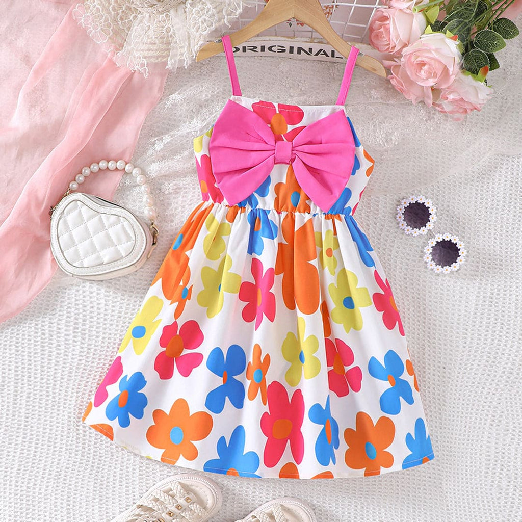 Girls Floral Print Bow Applique Sleeveless Fit & Flare Dress Casual Dresses Multicolor 1-2 Y 