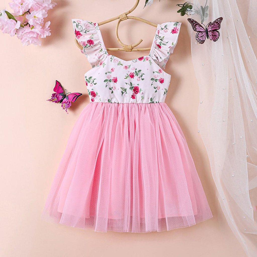Girls Light Pink Floral Print Short Sleeves Fit & Flare Dress Casual Dresses Light Pink 1-2 Y 