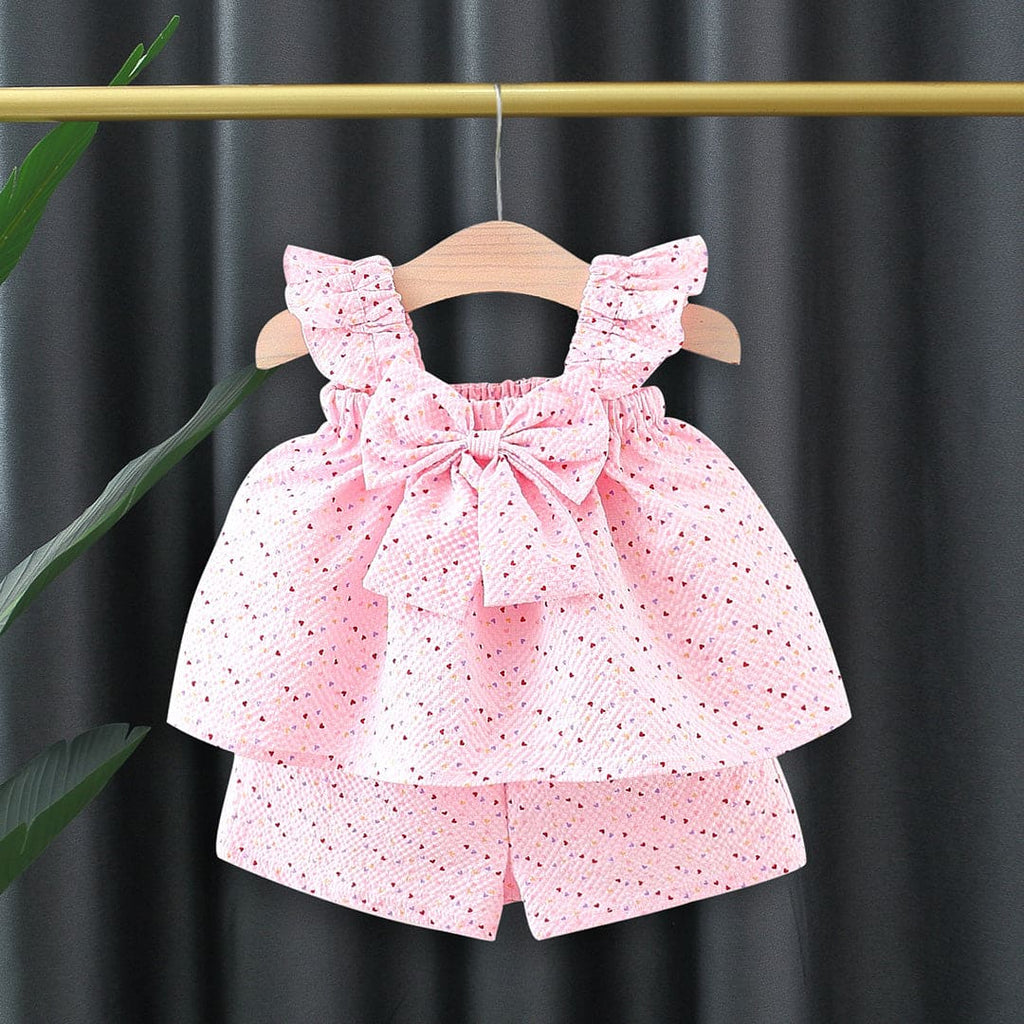 Girls Pink Sleeveless Heart Print Top With Bow And Shorts Set Sets Pink 1-2 Y 