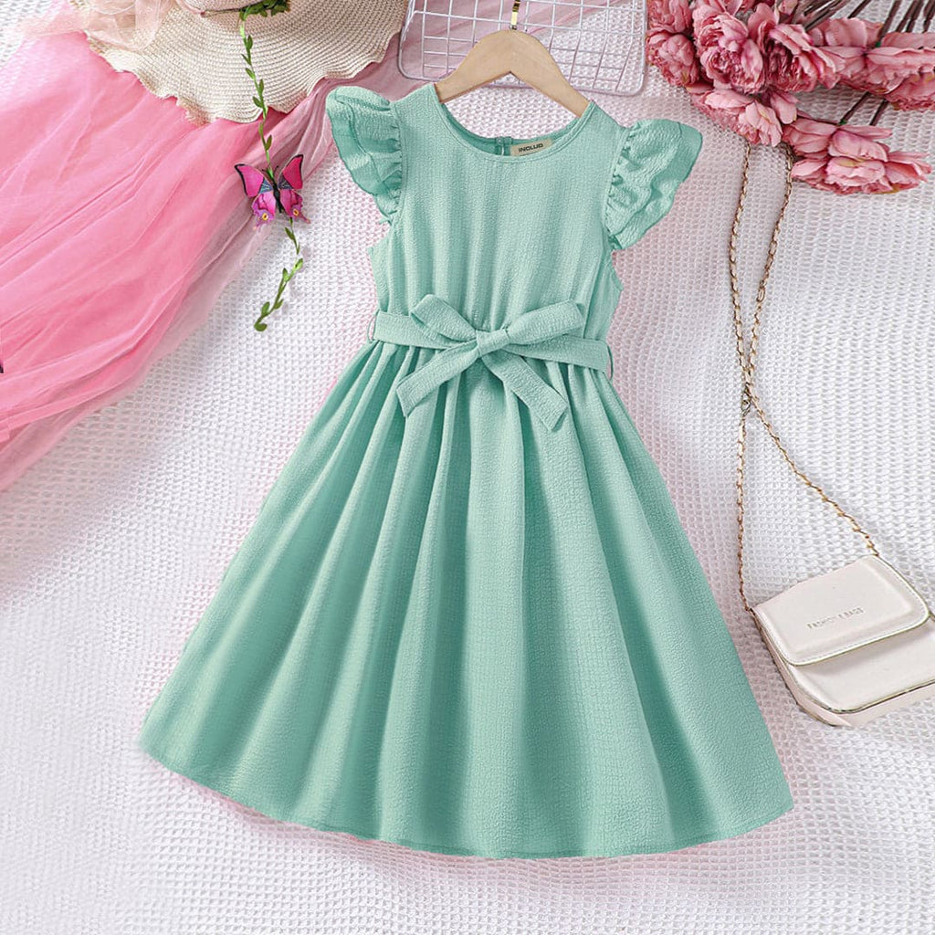 Girls Green Texture Flared Sleeves Fit & Flare Dress Casual Dresses Green 5-6 Y 