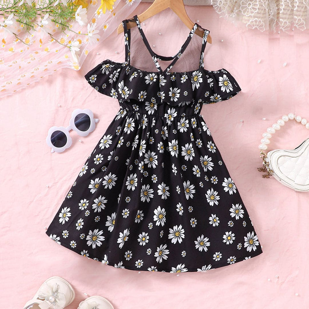 Girls Black Floral Print Off Shoulder Fit & Flare Dress Casual Dresses Black 2-3 Y 