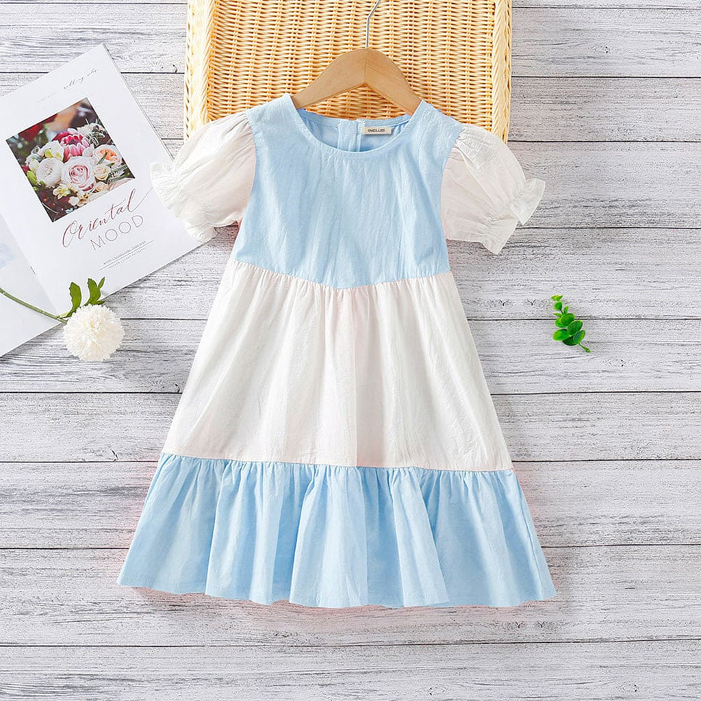 Girls Color-blocked Puff Sleeves A-line Dress Casual Dresses Blue 1-2 Y 