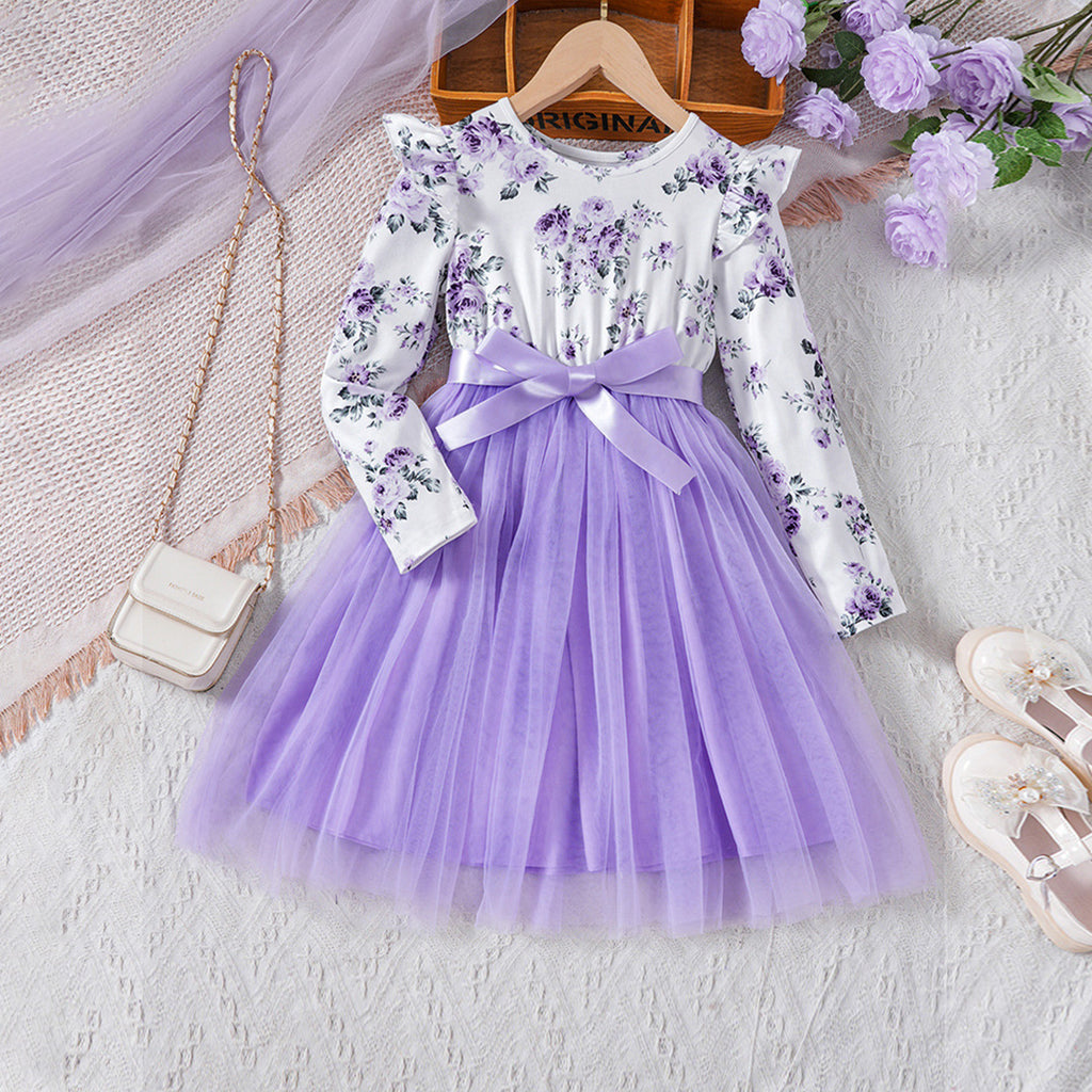Girls Purple Floral Print Long Sleeves Fit & Flare Dress Casual Dresses Purple 5-6 Y 