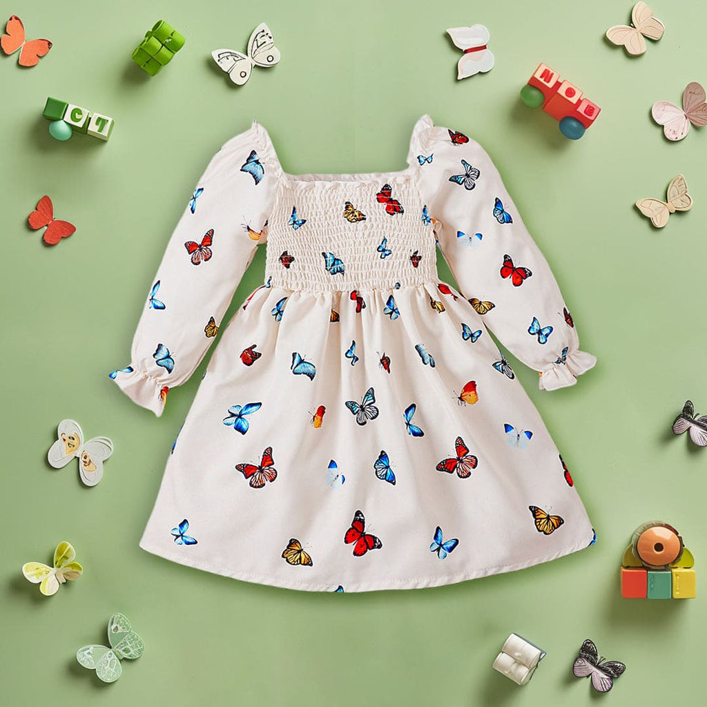 Girls Butterfly Print Puff Sleeves Fit & Flare Dress Casual Dresses Apricot 1-2 Y 