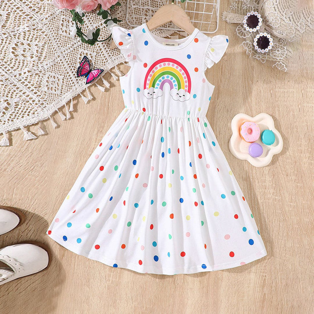 Girls Polka Dot Printed Fit & Flare Casual Dress Casual Dresses White 2-3 Y 
