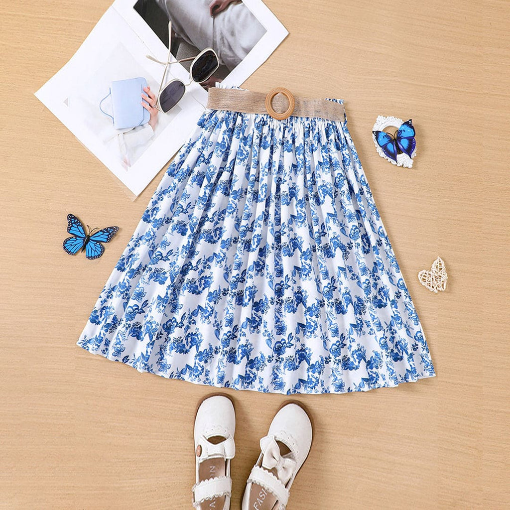 Girls Blue Floral Print Gathered A-line Skirt Skirts Blue 5-6 Y 