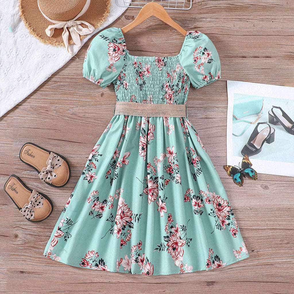 Girls Green Smocked Floral Print Fit & Flare Dress Casual Dresses Green 5-6 Y 