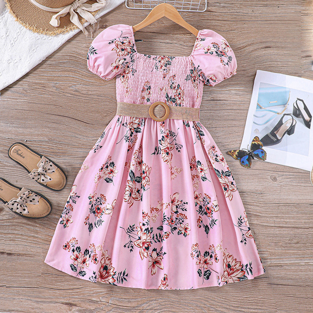 Girls Pink Smocked Floral Print Fit & Flare Dress Casual Dresses Pink 5-6 Y 