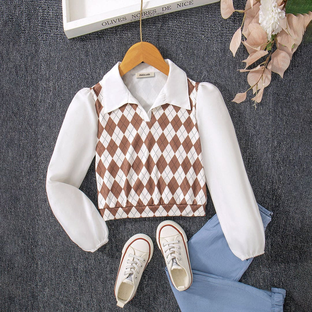 Girls Argyle Check Puff Sleeves Top Tops White 5-6 Y 