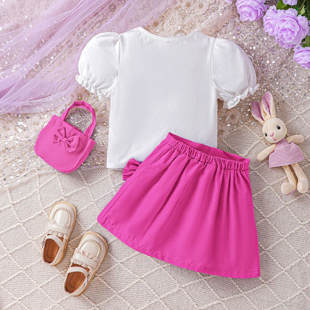 Girls Fuchsia Rainbow Print Puff Sleeves T-Shirt With Skirt Set Sets Fuchsia 1-2 Y 