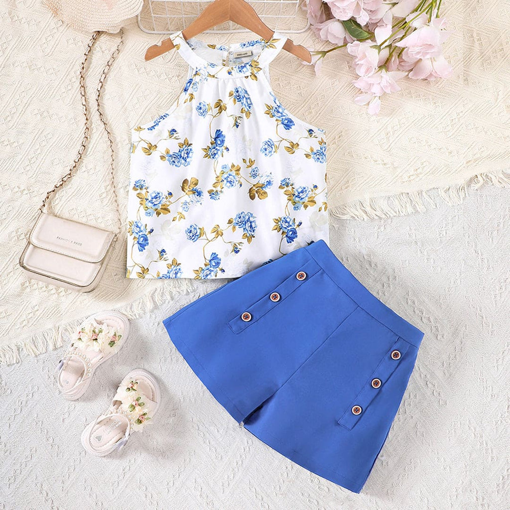 Girls Blue Printed Halter Top with High-Waisted Shorts Set Sets Blue 5-6 Y 