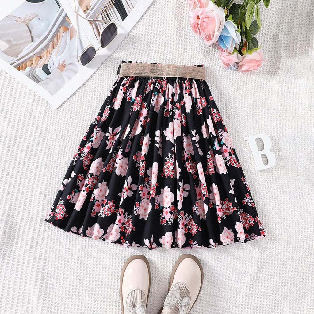 Girls Black Floral Print Gathered A-line Skirt Skirts   