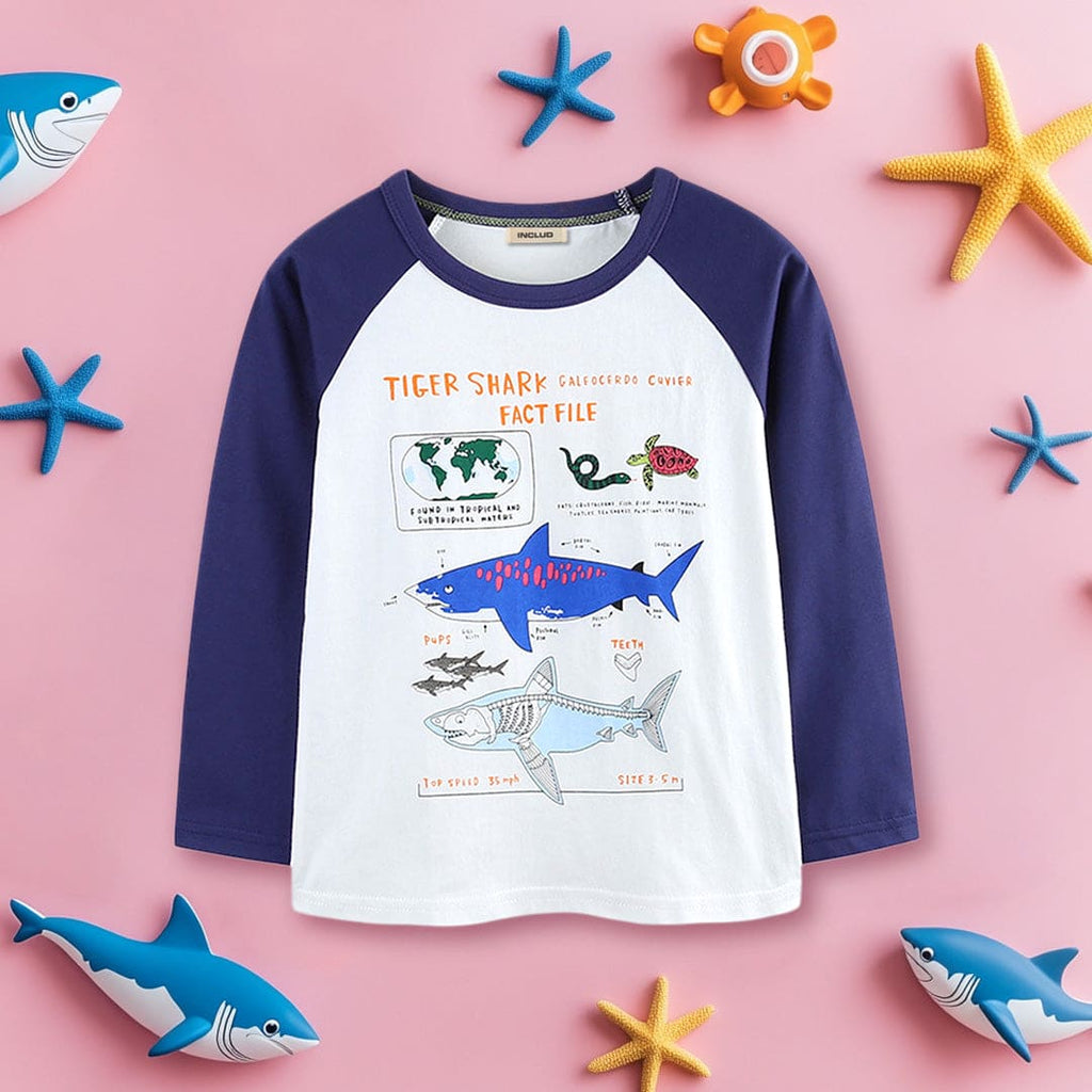 Boys White Raglan Sleeves Shark Printed Casual T-Shirt Tshirts White 1-2 Y 