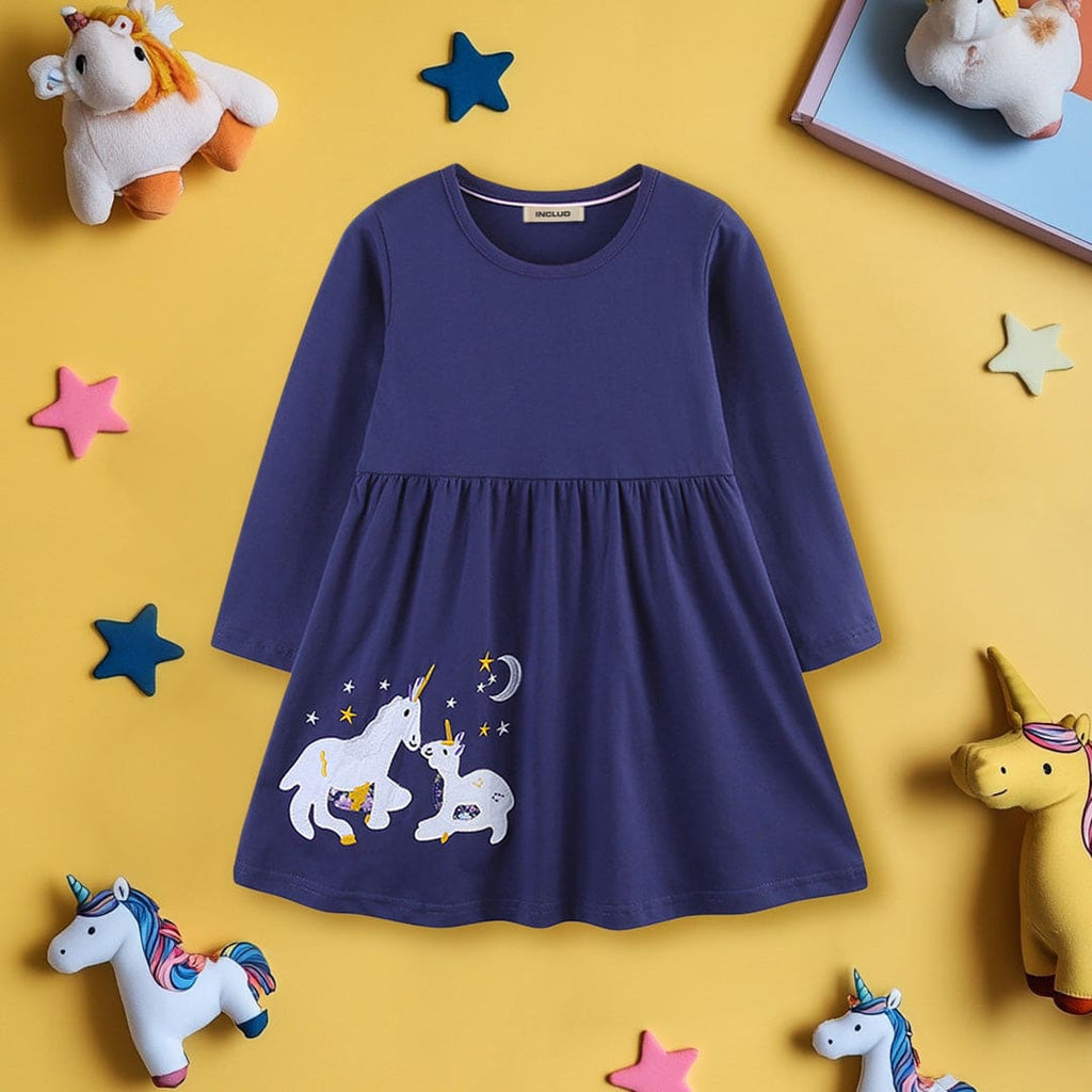 Girls Navy Long Sleeve Unicorn Embroidered Cotton Casual Dress Casual Dresses Navy 1-2 Y 