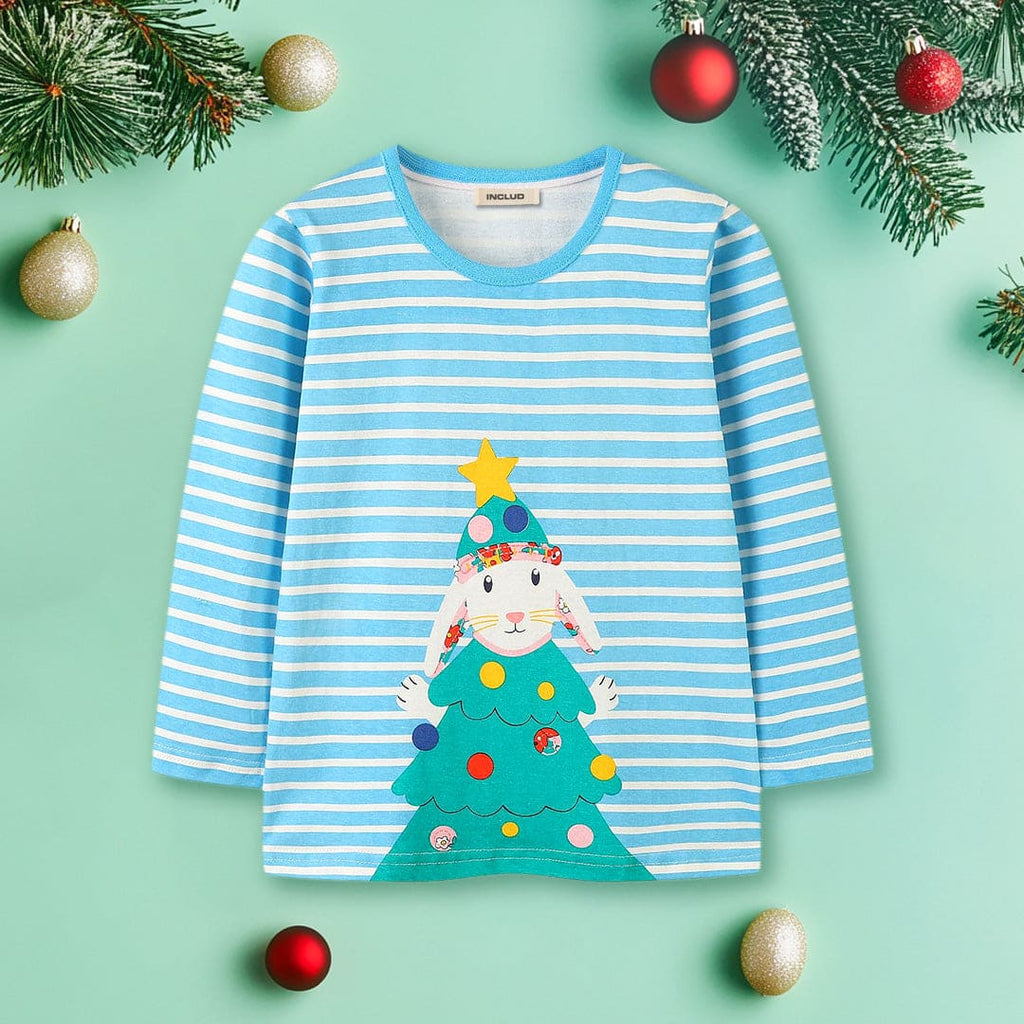 Girls Blue Long Sleeve Bunny Printed Striped T-Shirt Tops Blue 1-2 Y 