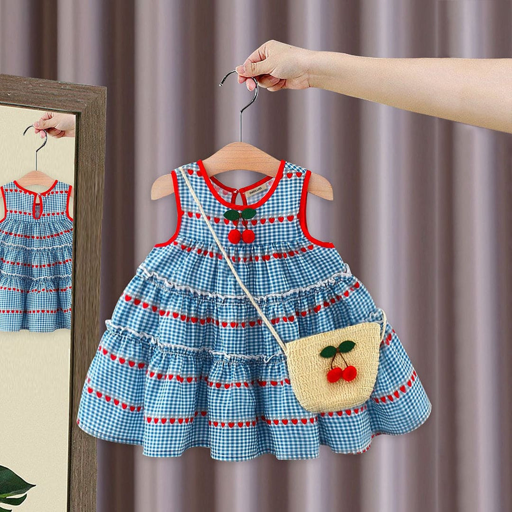 Girls Sleeveless Gingham Check Dress With Pom Pom Casual Dresses Blue 1-2 Y 