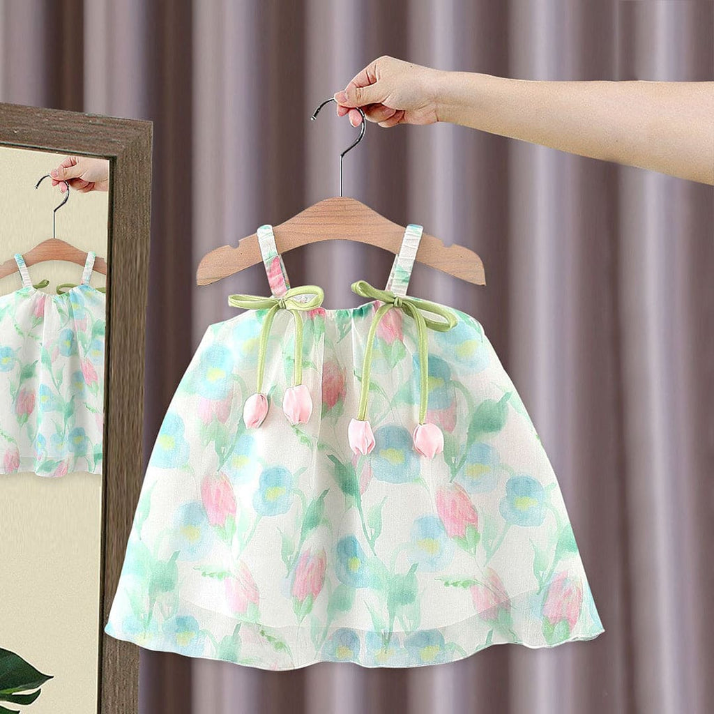 Girls Light Green Sleeveless Tulip Printed Flared Dress Casual Dresses Light Green 1-2 Y 