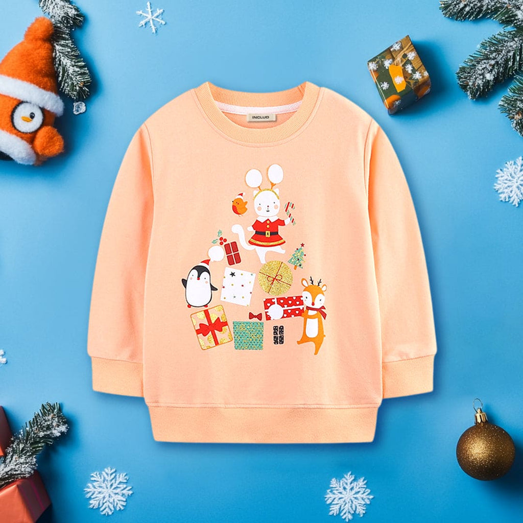 Girls Peach Long Sleeve Animal Printed Round Neck Sweatshirt Sweatshirts & Hoodies Peach 1-2 Y 