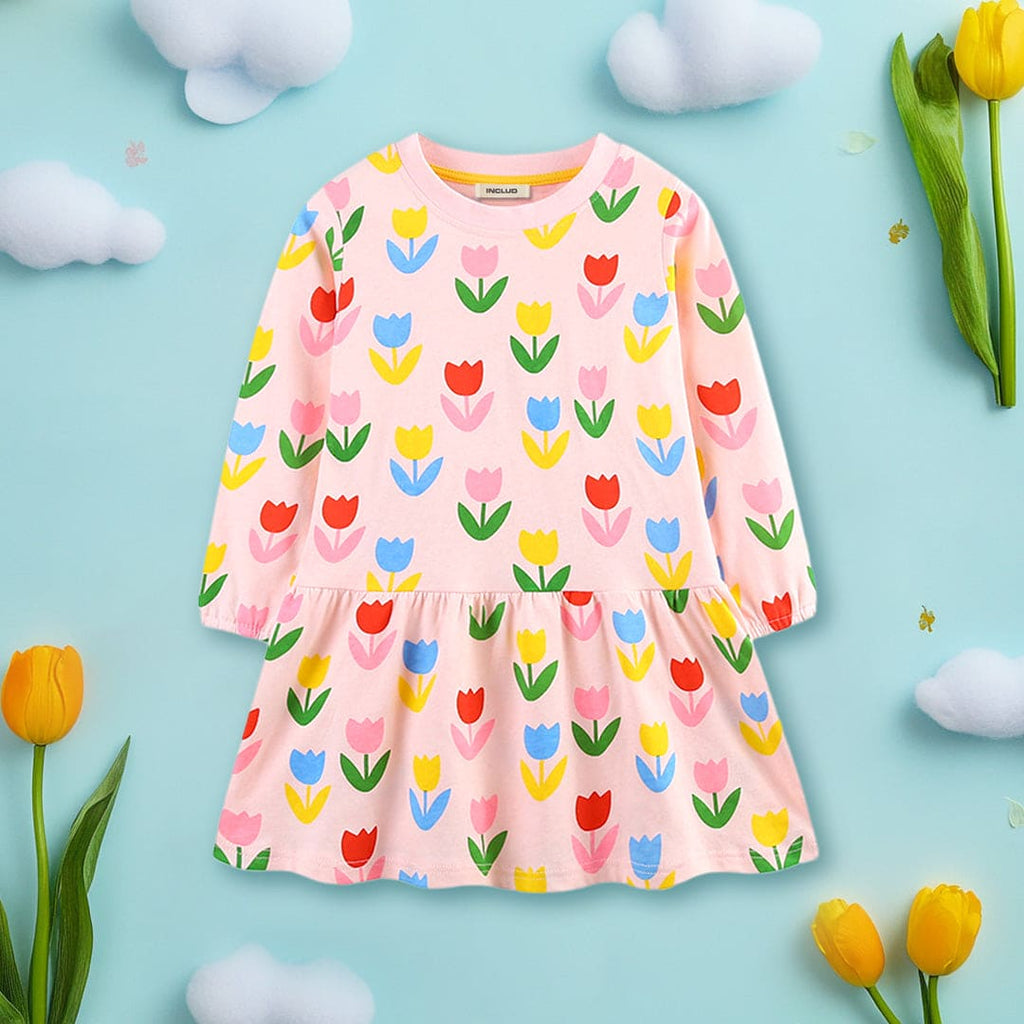 Girls Peach Long Sleeve Floral Printed Drop-Waist Dress Casual Dresses Peach 1-2 Y 
