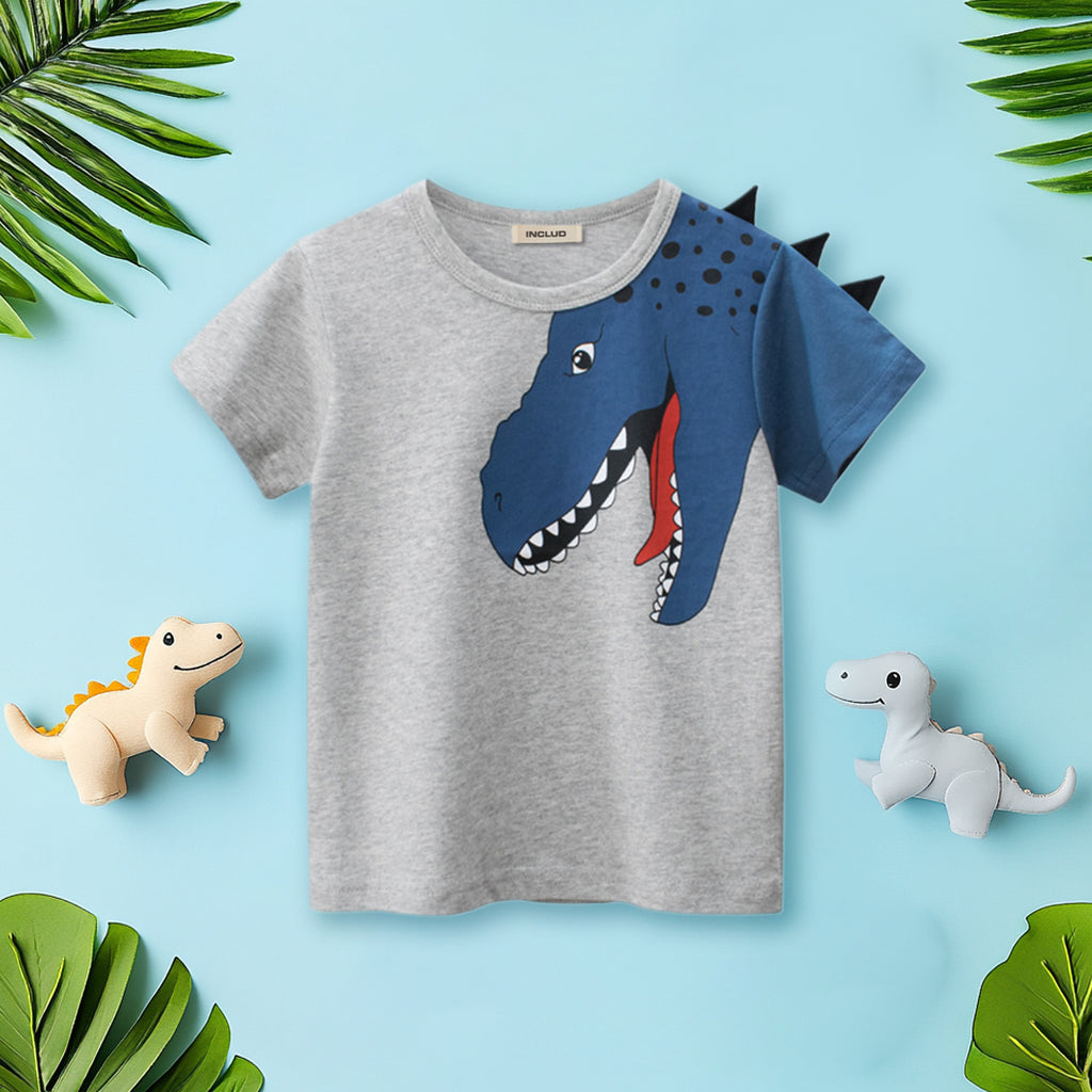 Boys Gray Dinosaur Print Short Sleeves T-shirt Tshirts Gray 1-2 Y 