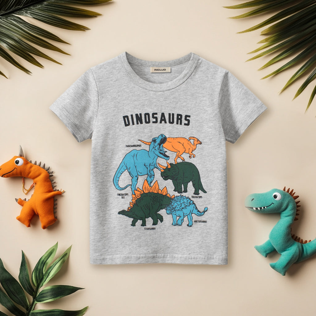 Boys Grey Dinosaur Print Shorts Sleeves T-shirt Tshirts Gray 1-2 Y 