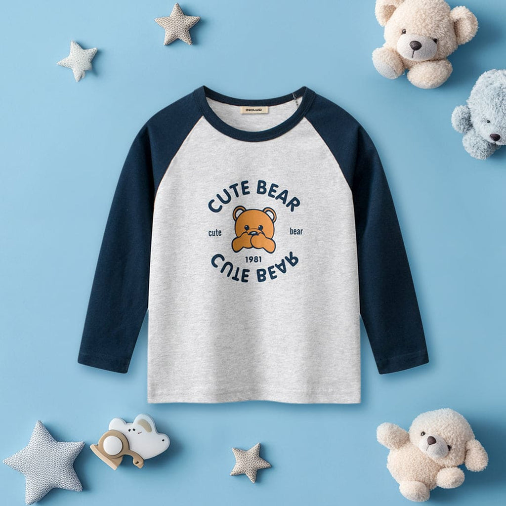 Boys Blue Bear Print Raglan Sleeves T-shirt Tshirts Blue 1-2 Y 