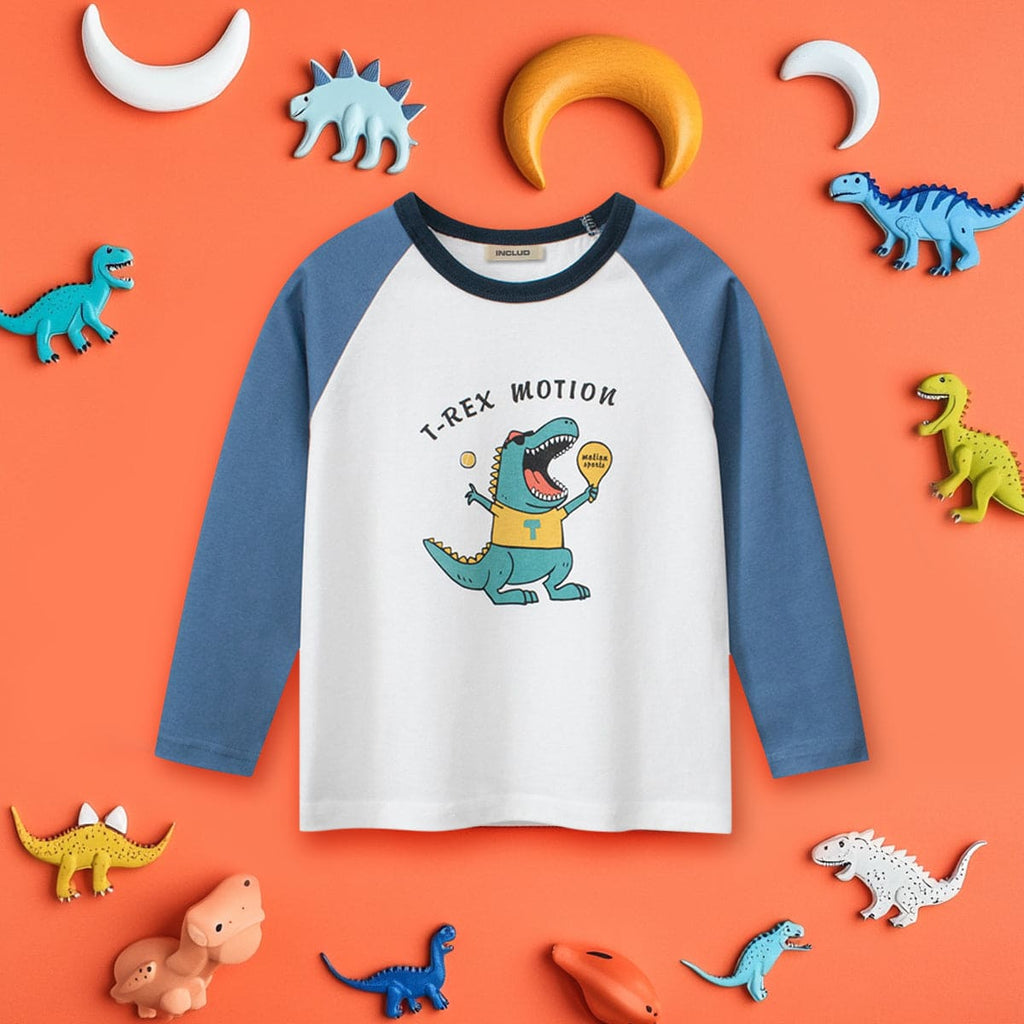 Boys White Dinosaur Print Raglan Sleeves T-shirt Tshirts White 1-2 Y 