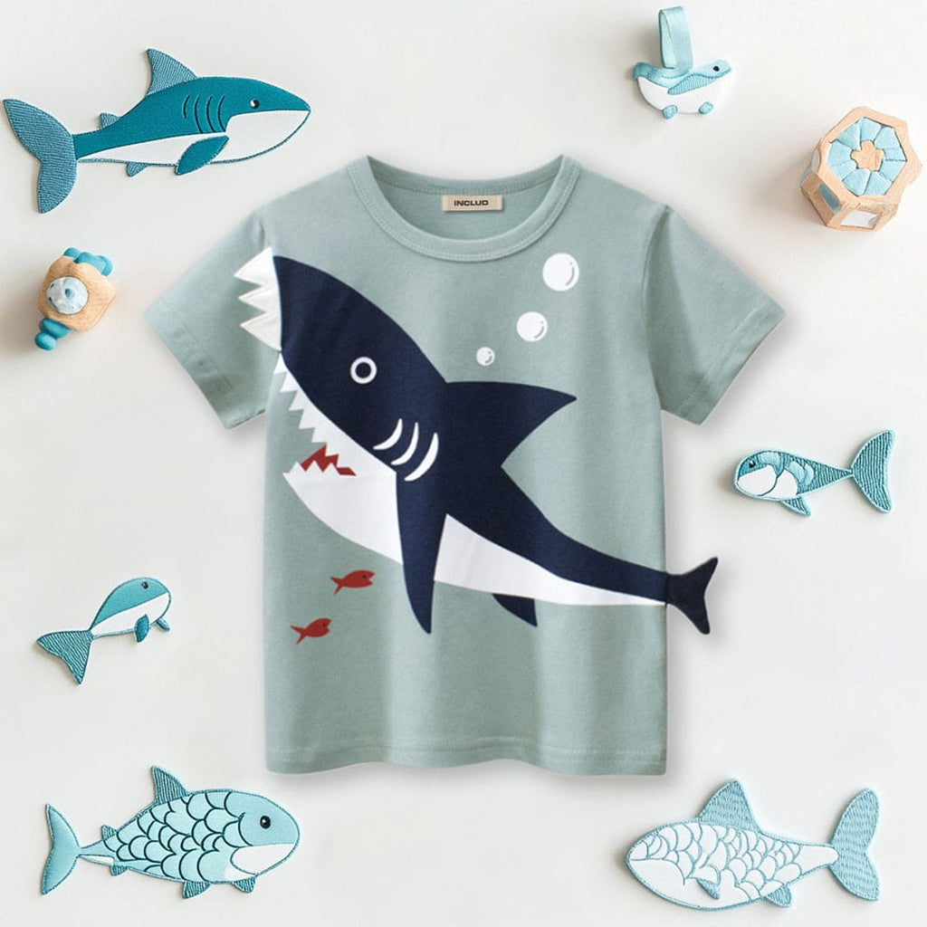 Boys Green Shark Print Short Sleeves T-shirt Tshirts Green 1-2 Y 