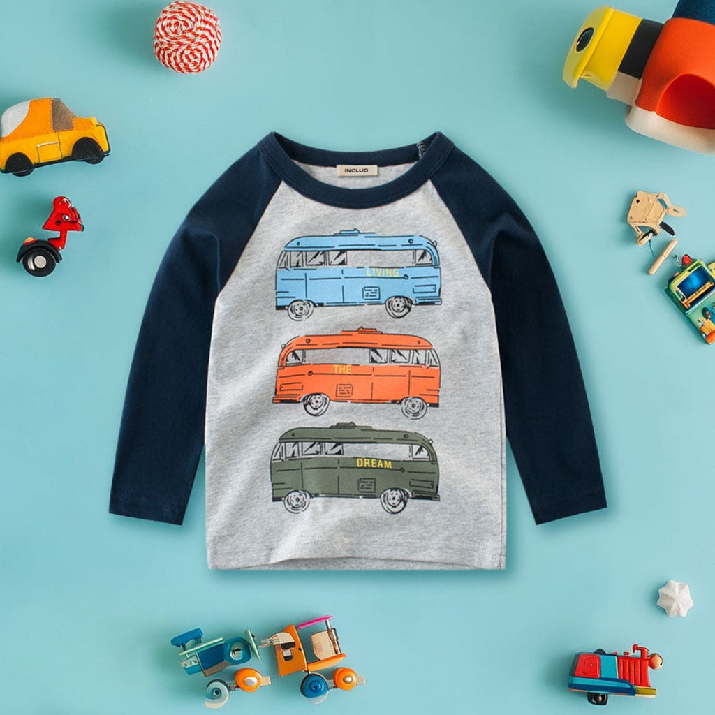Boys Bus Print Raglan Sleeves T-shirt Tshirts Blue 1-2 Y 
