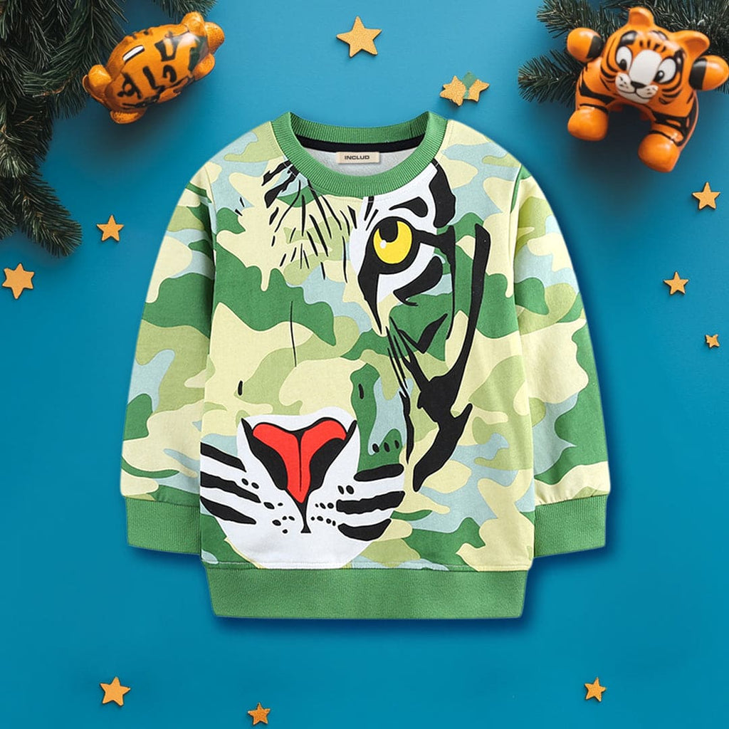 Boys Green Long Sleeves Tiger Printed Cotton Round Neck Sweatshirt Sweatshirts & Hoodies Green 1-2 Y 