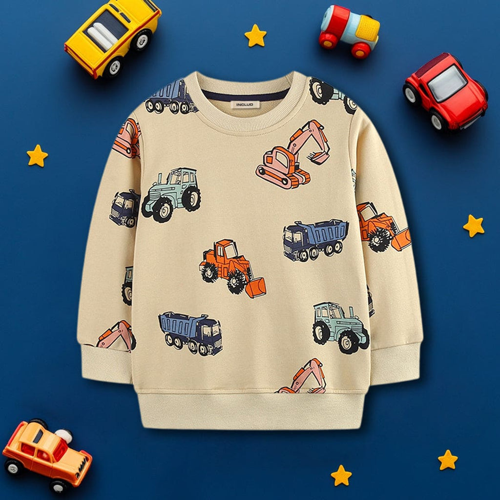 Boys Beige Long Sleeve Car Printed Round Neck Sweatshirt Sweatshirts & Hoodies Beige 1-2 Y 