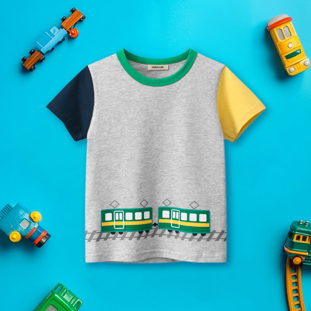 Boys Gray Color-blocked Short Sleeves Regular T-shirt Tshirts Gray 1-2 Y 