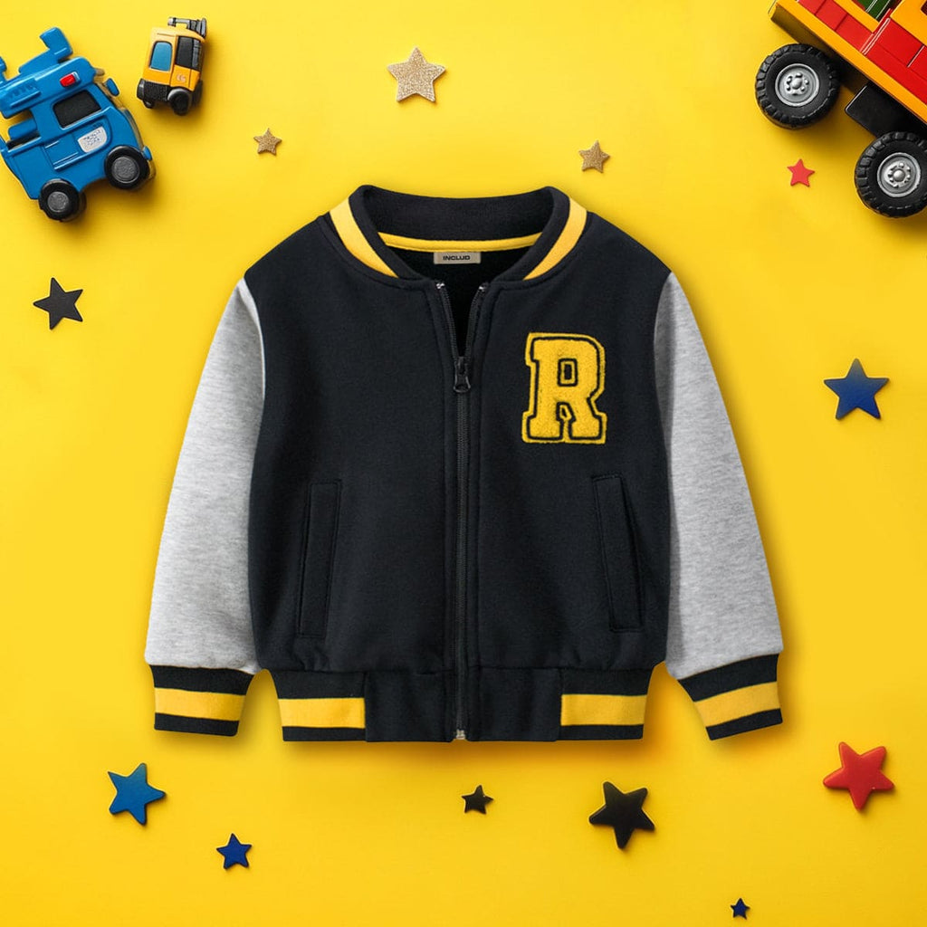 Boys Black Color-blocked Long Sleeves Varsity Jacket With Applique Coats & Jackets Black 1-2 Y 
