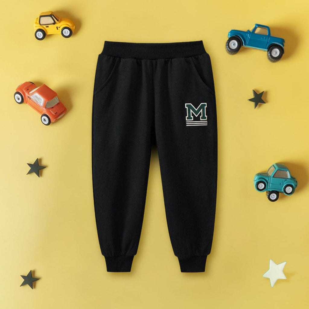 Boys Black Elasticated Motif Print Rib Trouser Trackpants & Joggers Black 1-2 Y 