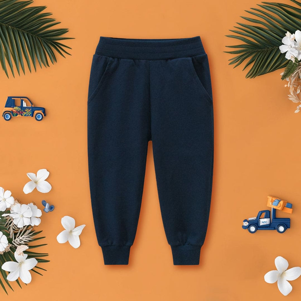Boys Navy Blue Solid Elasticated Rib Trouser Trackpants & Joggers Navy Blue 1-2 Y 