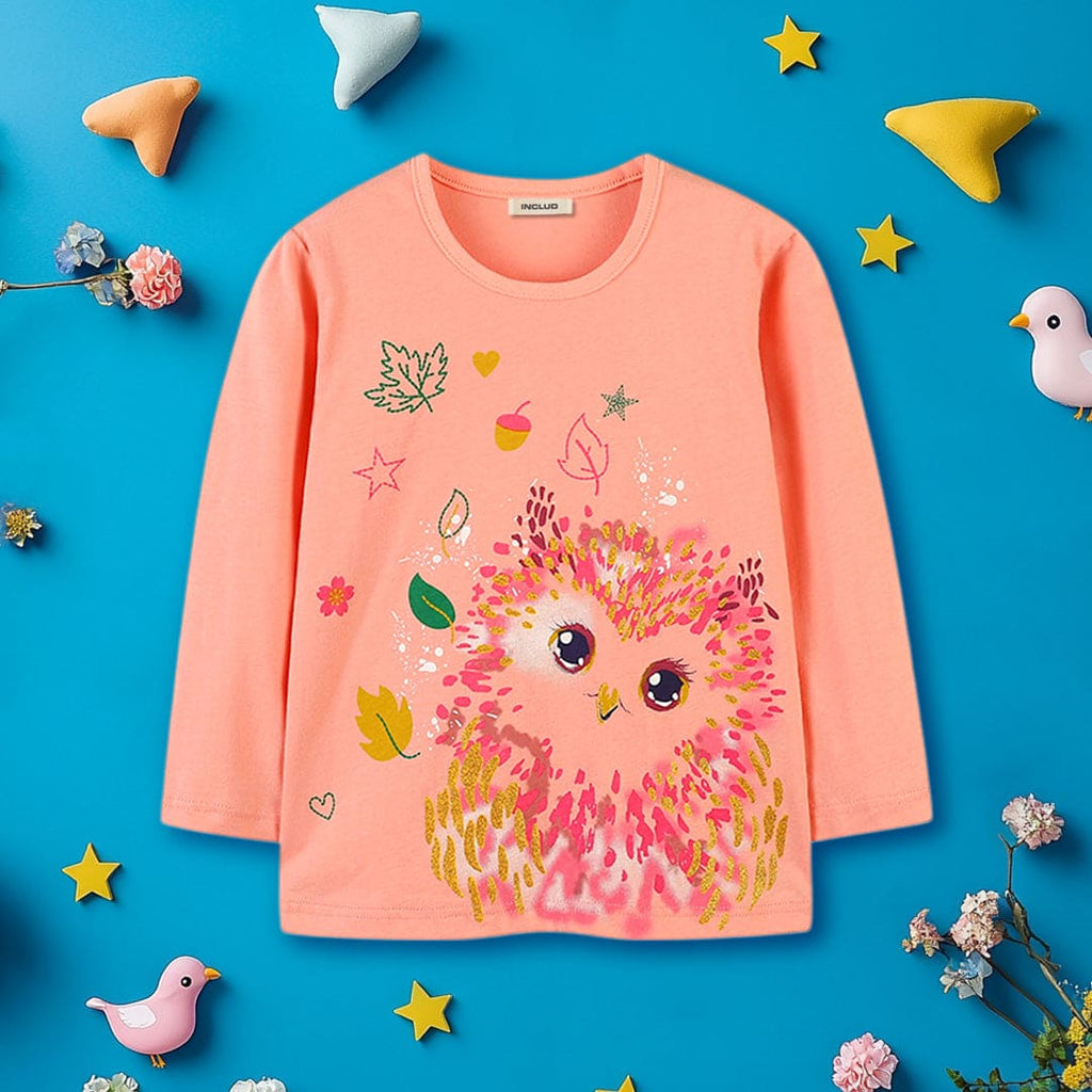 Girls Orange Long Sleeve Bird Print Casual T-Shirt Tops Orange 1-2 Y 